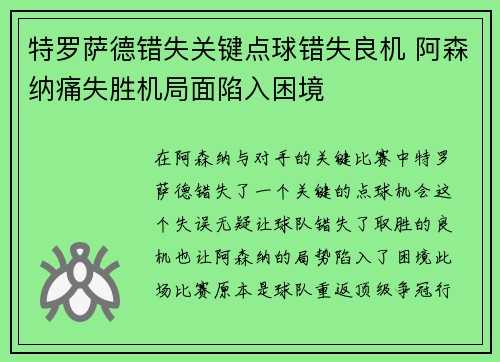 特罗萨德错失关键点球错失良机 阿森纳痛失胜机局面陷入困境 特罗萨德错失关键点球错失良机 阿森纳痛失胜机局面陷入困境